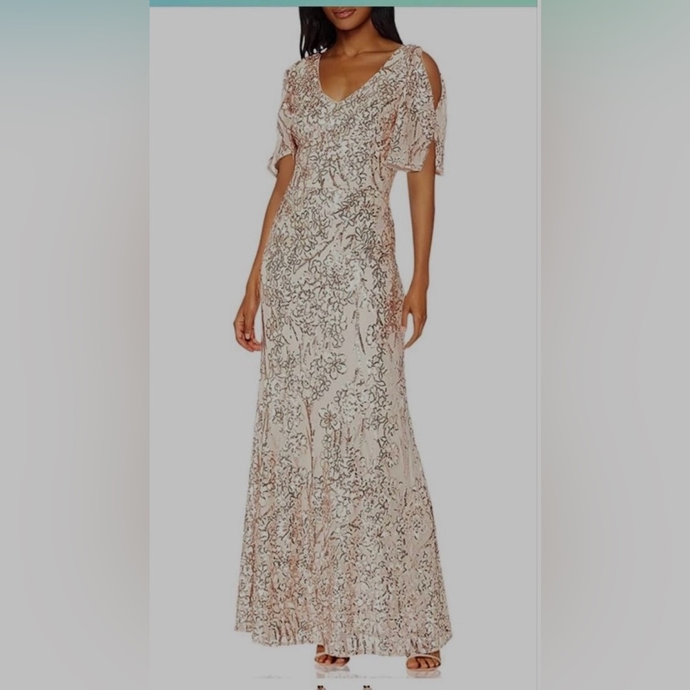 Alex Evenings Women's Sequin Stretch Lace Cold Shoulder Gown